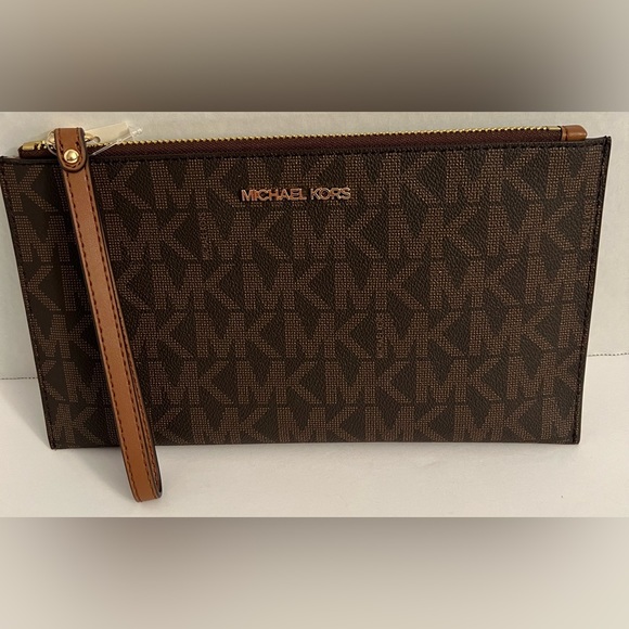 New MICHAEL KORS JET SET LG ZIP CLUTCH  MK LOGO BRN/LUGGAGE CLUTCH WRISTLET - Picture 8 of 16